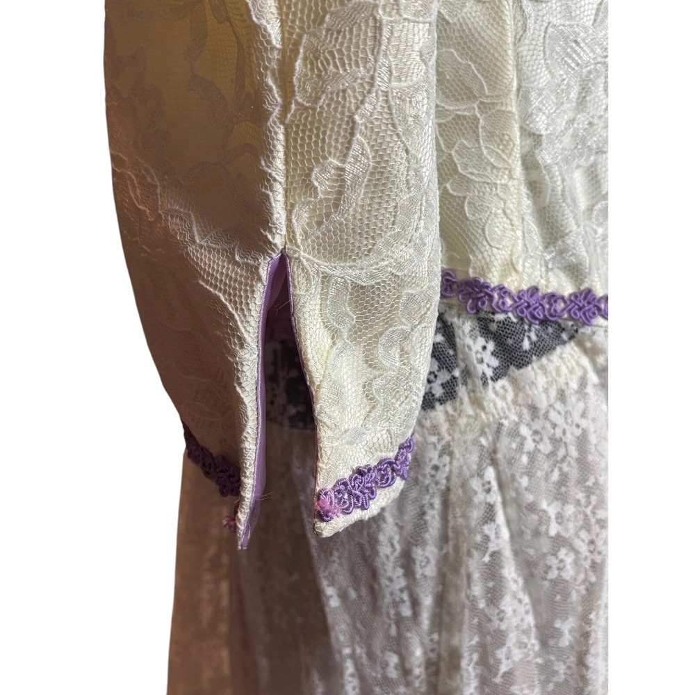 Vintage Cream Lace Purple Trim Fairycore Cottagecore Romantic Boho Prairie Dress - Picture 4 of 6